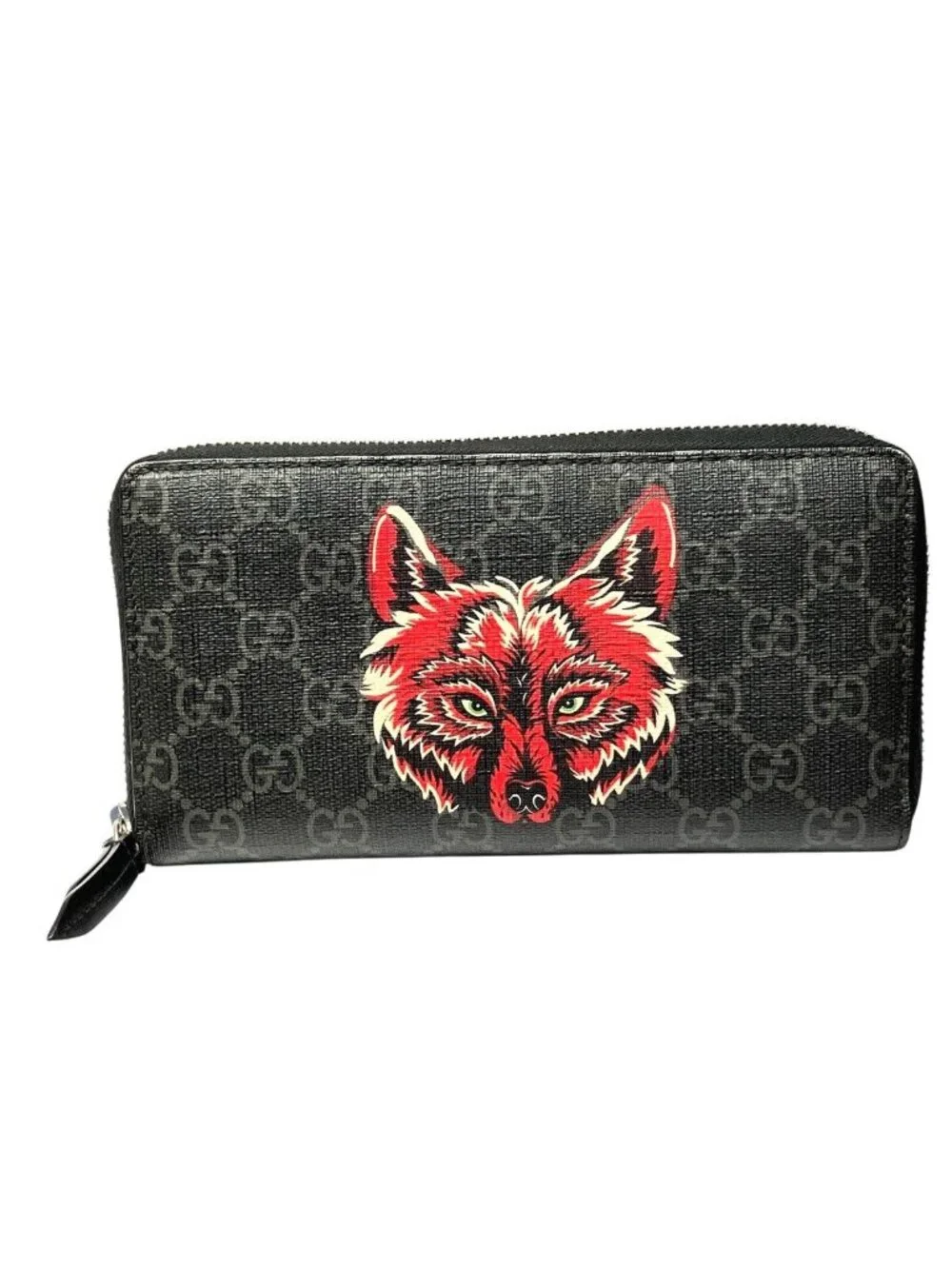 Gucci Wolf Head Animal Print Zip Around GG Supreme Wallet Leather